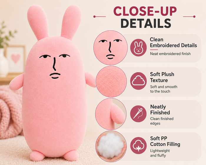 Pink rabbit pillow close up details
