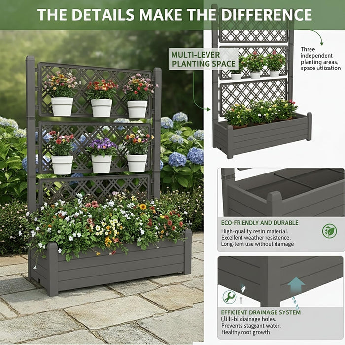 Plastic Raised Garden Bed with Trellis, Extra Tall Vertical Planter – Stone Coffee