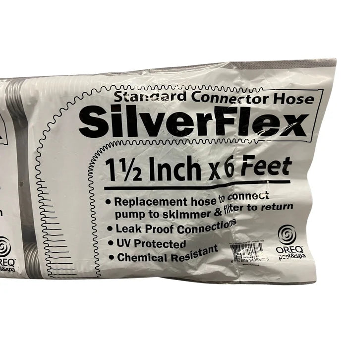 Oreq SilverFlex 1.5-inch by 6-foot swimming pool filter hose with standard connectors, displayed in its retail packaging