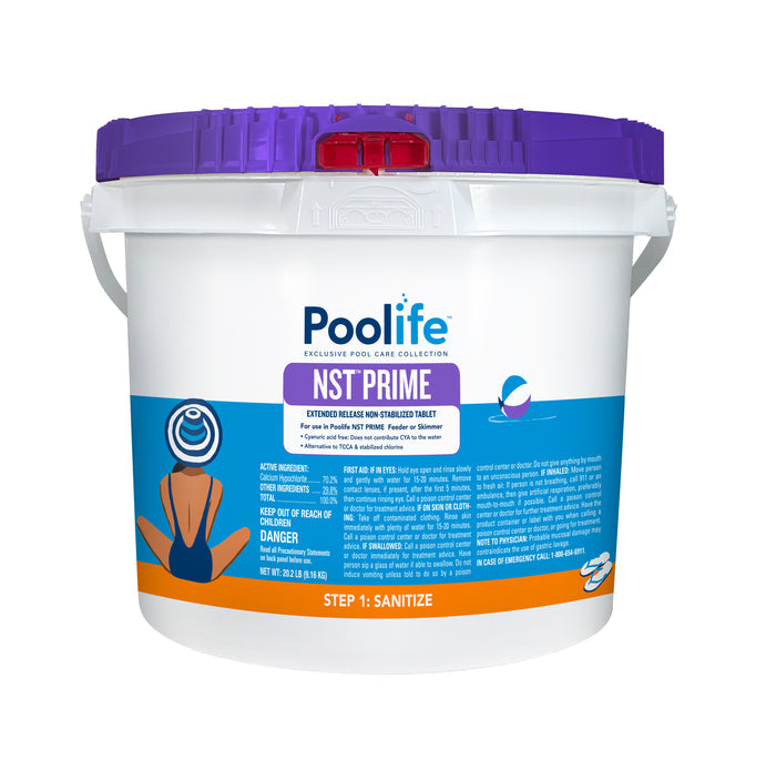 Poolife NST Prime 20.2 lb. non-stabilized chlorine tablets bucket containing extended release sanitizer for swimming pools