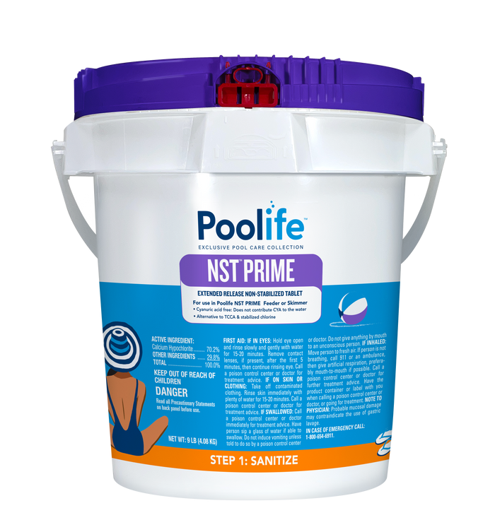 Poolife NST Prime 9 lb. non-stabilized chlorine tablets bucket containing extended release sanitizer for swimming pools