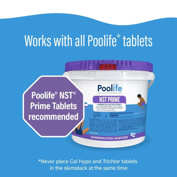 Poolife NST Prime non-stabilized chlorine tablets compatibility graphic, recommending use with all Poolife skimmer tablets and highlighting important mixing safety instructions
