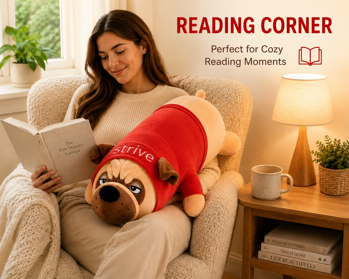 Pug plush pillow reading corner