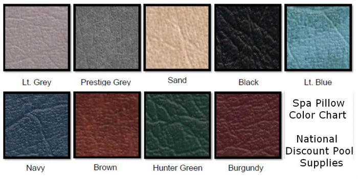 Spa pillow color chart for National Discount Pool Supplies showing available replacement headrest finishes including grey, sand, black, blue, navy, brown, green, and burgundy