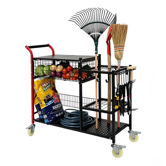 Rolling Garden Tool Organizer Cart with Planting Bench & Storage