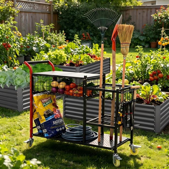 Rolling Garden Tool Organizer Cart with Planting Bench & Storage