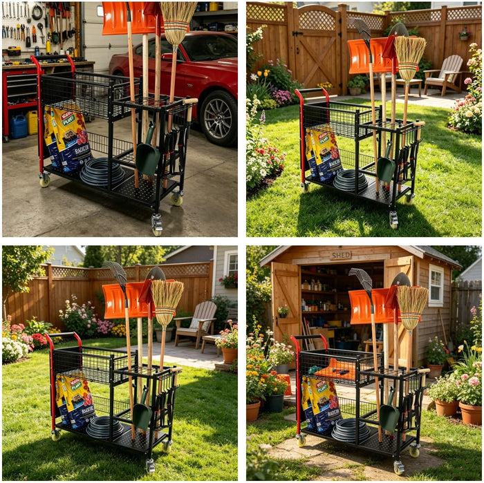 Rolling Garden Tool Organizer Cart with Planting Bench & Storage