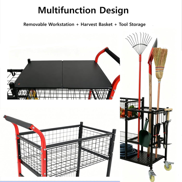 Rolling Garden Tool Organizer Cart with Planting Bench & Storage