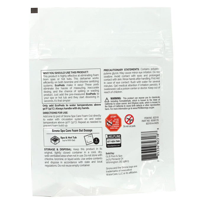 Sirona Spa Care Foam Out EcoPods package back with user instructions and dosage chart