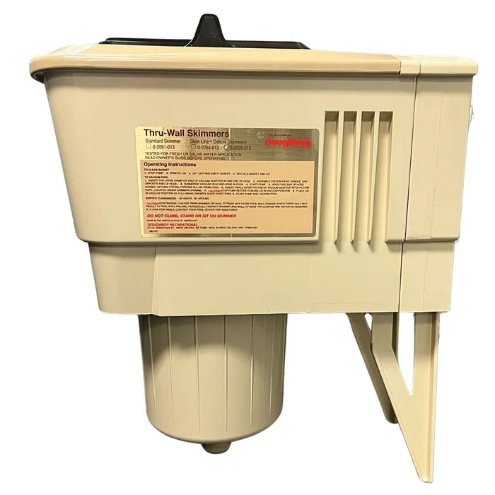 Side view of a beige Doughboy Skim-Line pool skimmer