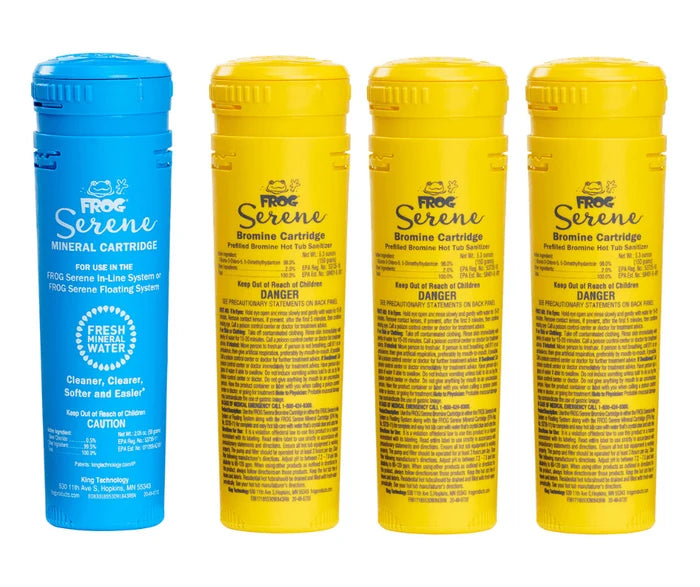 Spa FROG Serene Cartridge Kit featuring one blue mineral cartridge and three yellow bromine hot tub sanitizer cartridges