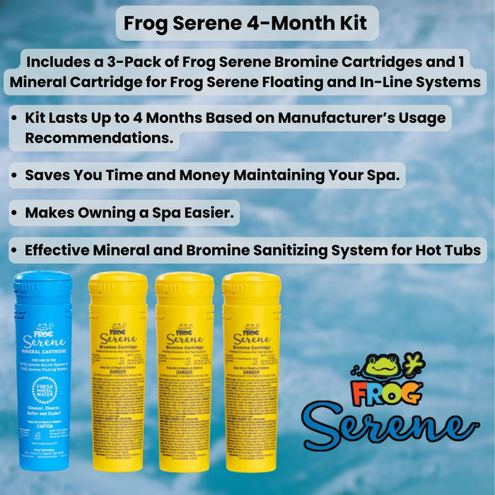 Frog Serene 4-Month Kit infographic showing one blue mineral cartridge and three yellow bromine replacement cartridges for floating and in-line hot tub systems