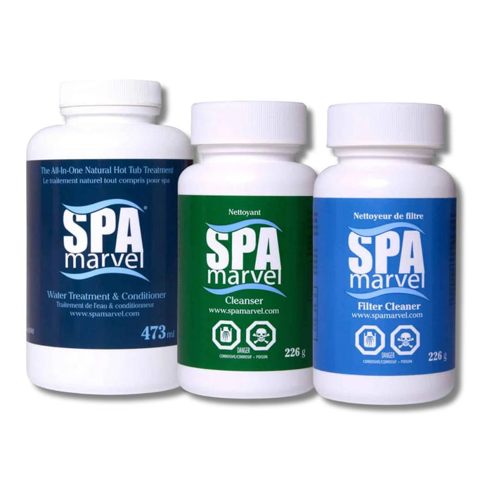 Spa Marvel Natural Hot Tub Water Treatment Bundle featuring three bottles: Water Treatment and Conditioner, Cleanser, and Filter Cleaner