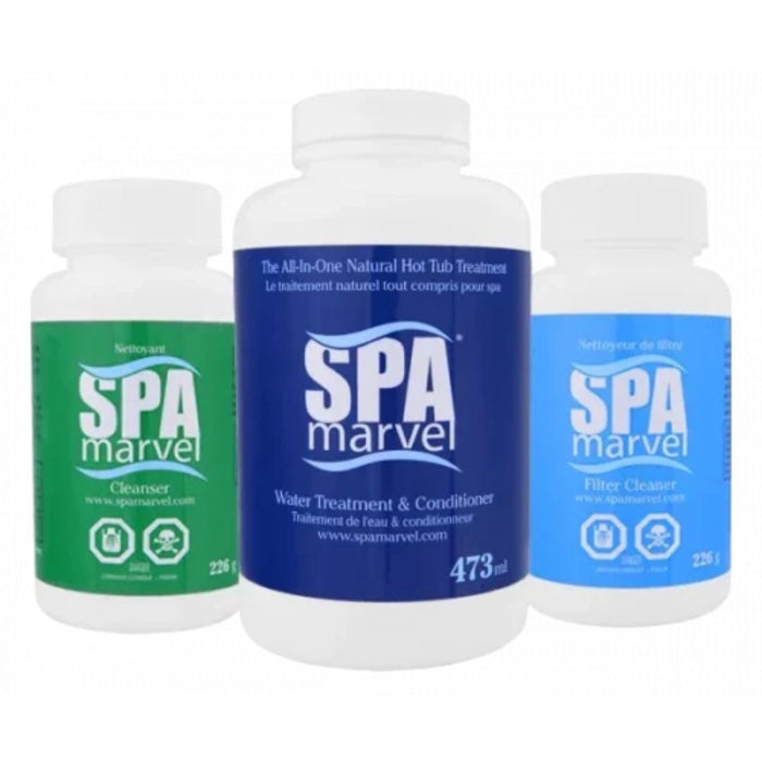 Spa Marvel natural hot tub chemical trio displaying bottles of Cleanser, Water Treatment and Conditioner, and Filter Cleaner