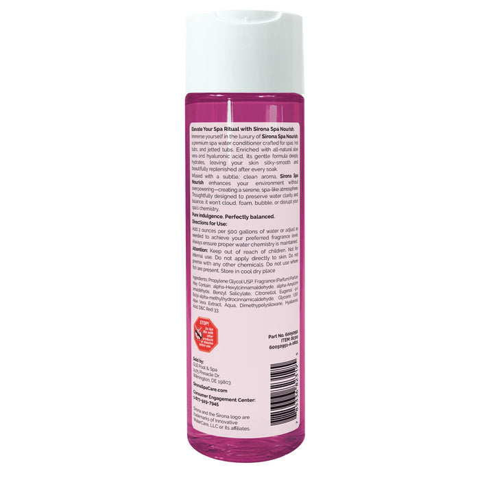 Back label of Sirona Spa Care Spa Nourish Moisturizing Spa Fragrance 8 oz bottle showing directions
