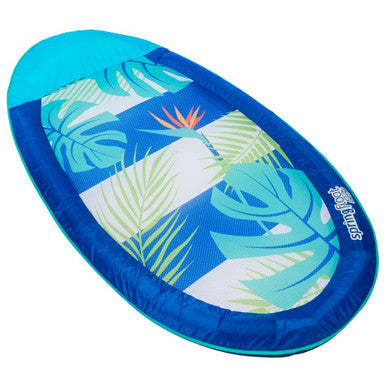 Swimways Spring Float hammock pool lounger in blue with tropical monstera leaf pattern