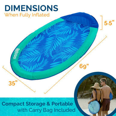 Dimensions diagram of the Swimways Spring Float hammock pool lounger showing 69-inch length and 35-inch width with portable carry bag