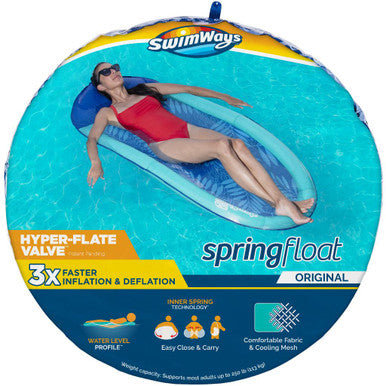 Swimways Spring Float Original hammock pool lounger featuring Hyper-Flate Valve, water-level profile, and cooling mesh fabric