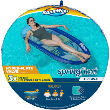 Swimways Spring Float Original hammock pool lounger in blue featuring Hyper-Flate Valve and cooling mesh fabric