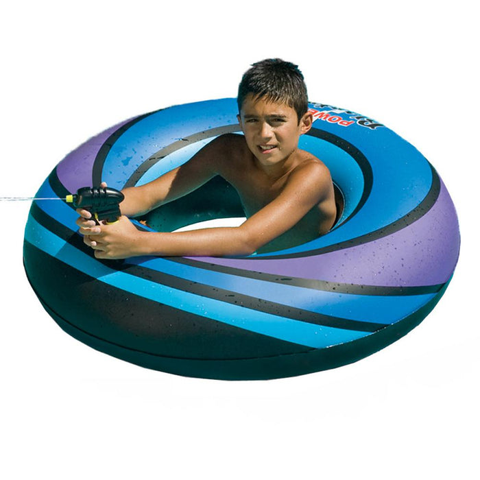 Child playing in a swimming pool with a blue and purple Swimline 40-inch Inflatable Power Blaster Super Squirter swim ring and water gun