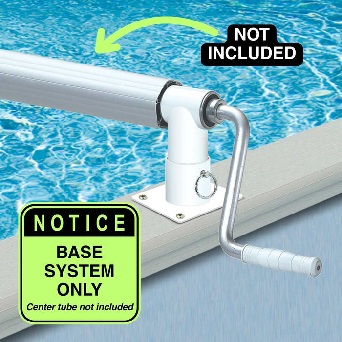 Swimline 50050 Above-Ground Pool Solar Reel Base Kit installed on a pool with a disclaimer that the center tube is not included.