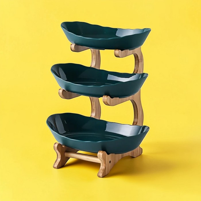 Tiered fruit bowl stand with plastic bowls and wooden frame