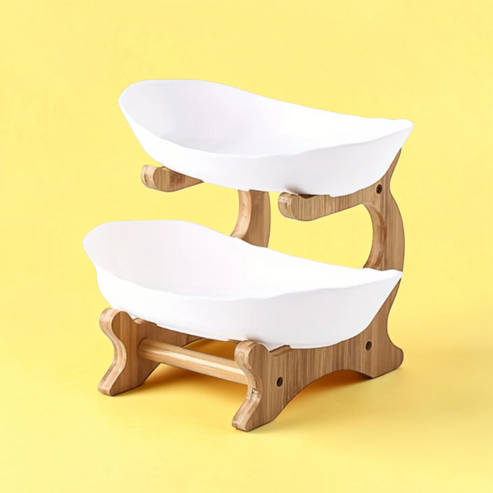Dark green three tier plastic fruit bowl stand with wooden frame