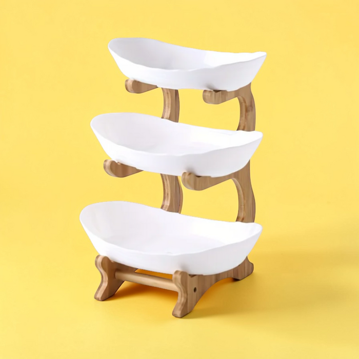 White two tier plastic fruit bowl stand with wooden frame