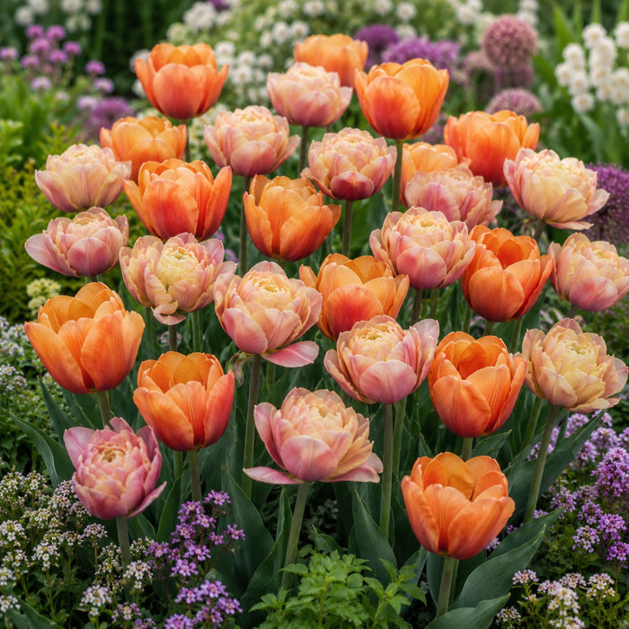 tulips blooming in orange and pink shades