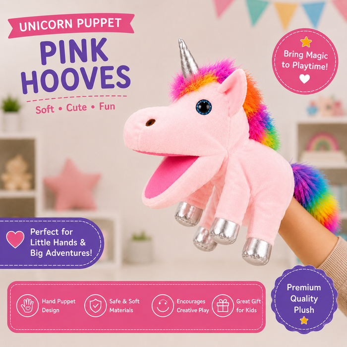 Pink unicorn hand puppet with silver horn and hooves