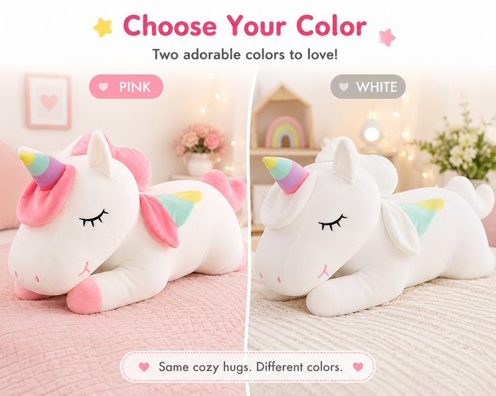 Unicorn plush pillow pink and white color options