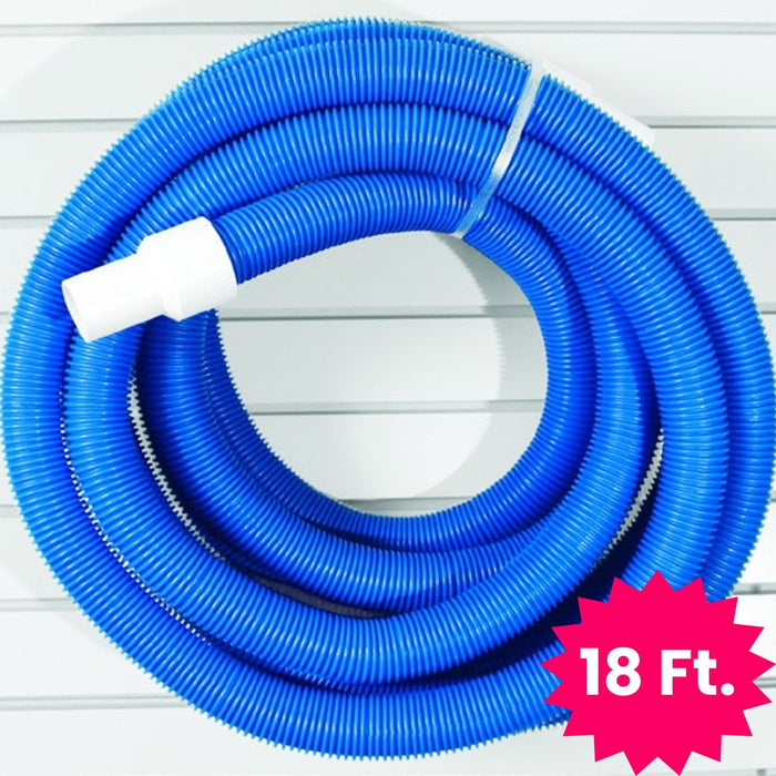 Blue Torrent universal 1.5-inch diameter by 18-foot length swimming pool vacuum hose with a white swivel cuff, coiled against a white slatted wall