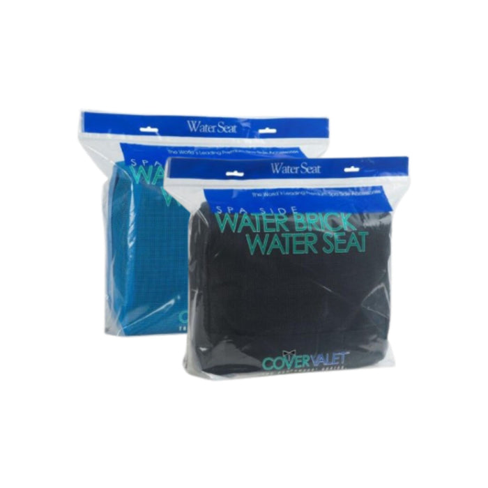 Cover Valet Water Brick spa cushion and hot tub booster seat in black and blue packaging