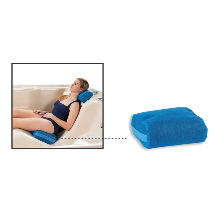 Woman using a blue Cover Valet Water Brick spa cushion and hot tub booster seat for added comfort and seating height