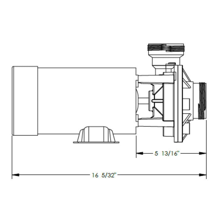Dimensional diagram of Waterway Hi-Flo II pool pump showing 16 5/32-inch total length and 5 13/16-inch pump housing width