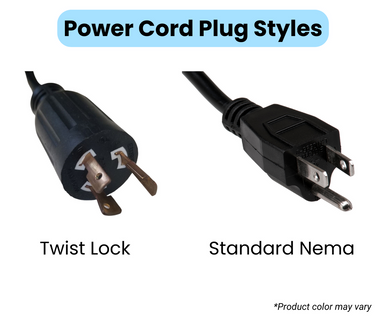 Diagram comparing pool pump power cord plug styles, showing Twist Lock and Standard Nema 3-prong plug types for proper equipment compatibility